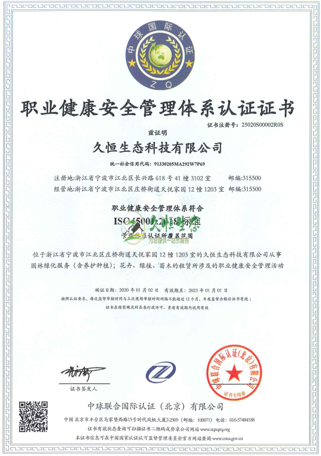 慈溪职业健康安全管理体系ISO45001证书
